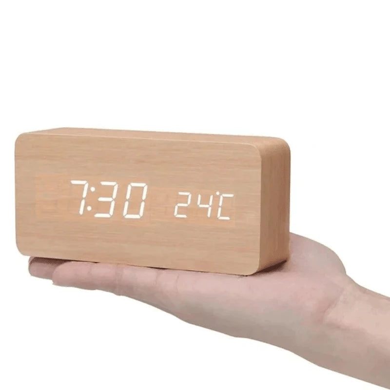 Alarm Clock Wooden LED Voice-Activated