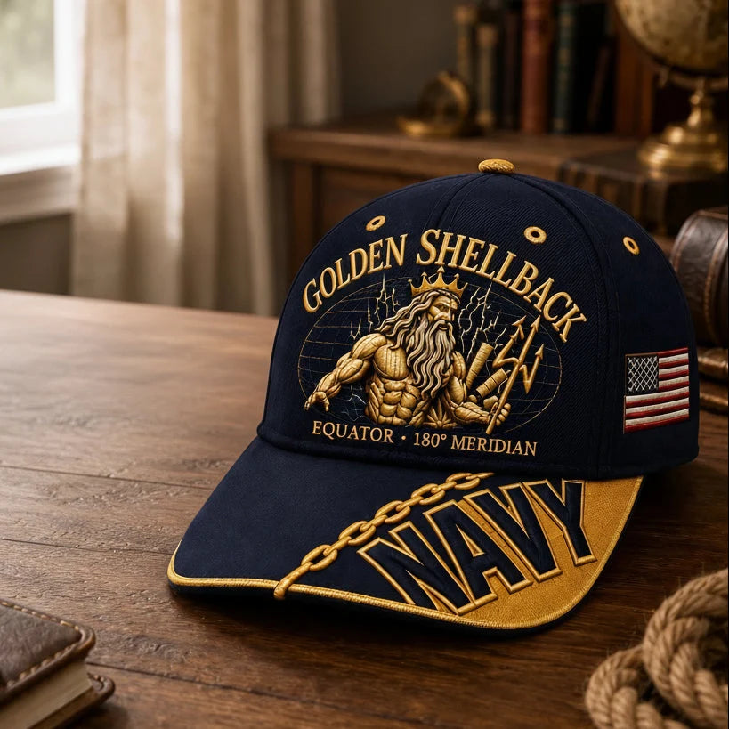 Baseball Cap Navy Blue Adjustable Gold Chain Brim