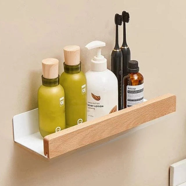 Bathroom Wall Shelf Solid Wood Self-Adhesive No-Drill Mounting