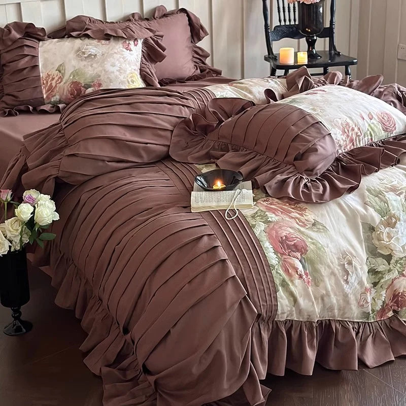 Bedding Set Cotton Sateen Floral Ruffled Details