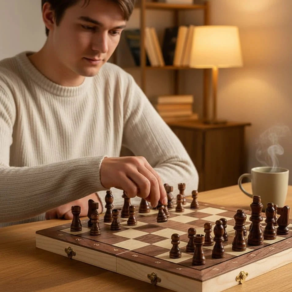 Chess Set Foldable Magnetic Wooden Pieces Travel-Friendly