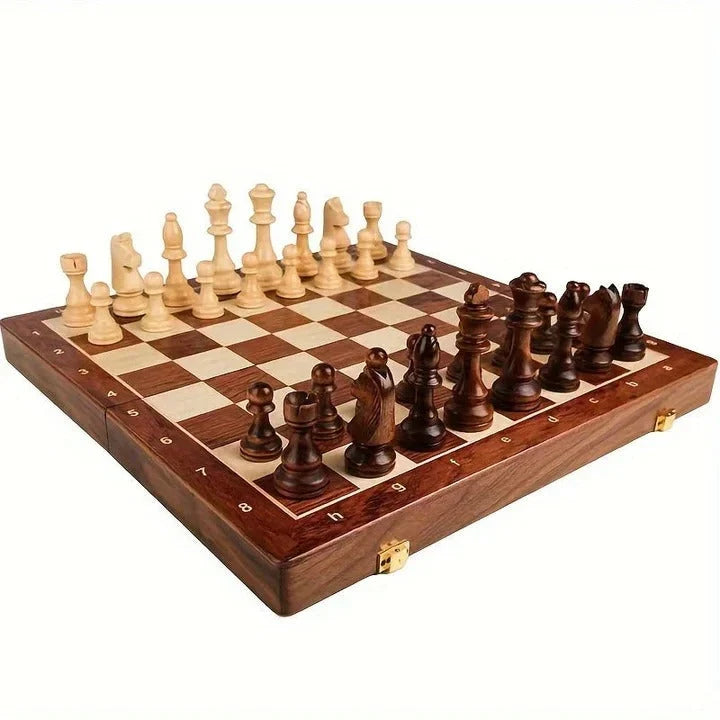 Chess Set Wooden Folding Magnetic Closure With Piece Storage