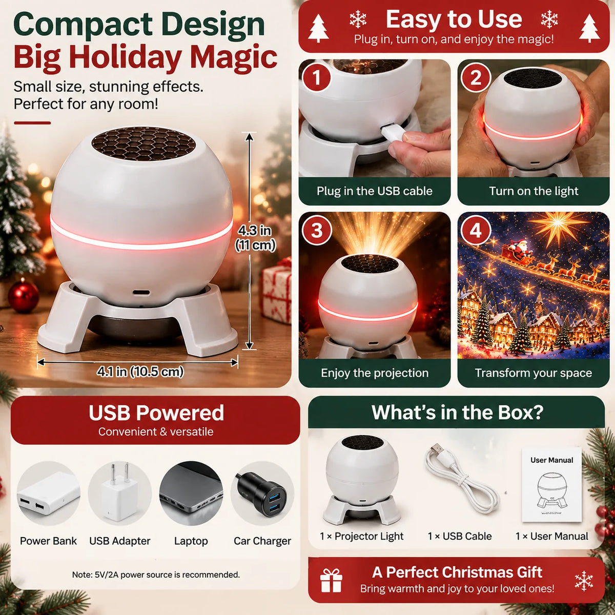 Christmas Light Projector Moving USB-Powered Holiday Patterns