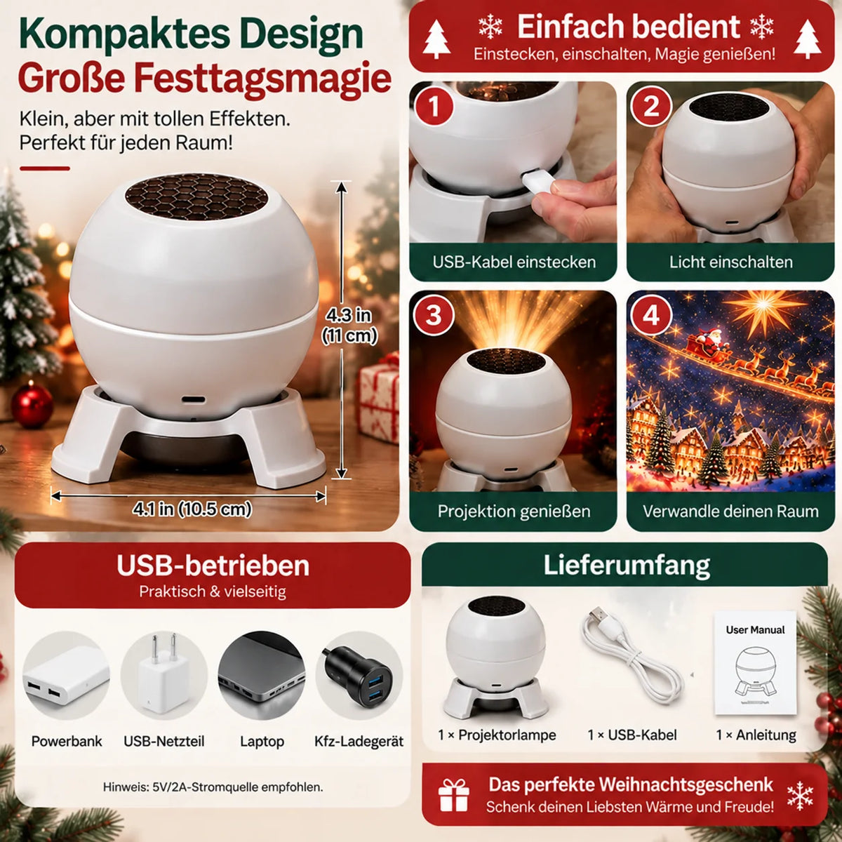 Christmas Projector Light USB-Powered Wall & Ceiling Projection