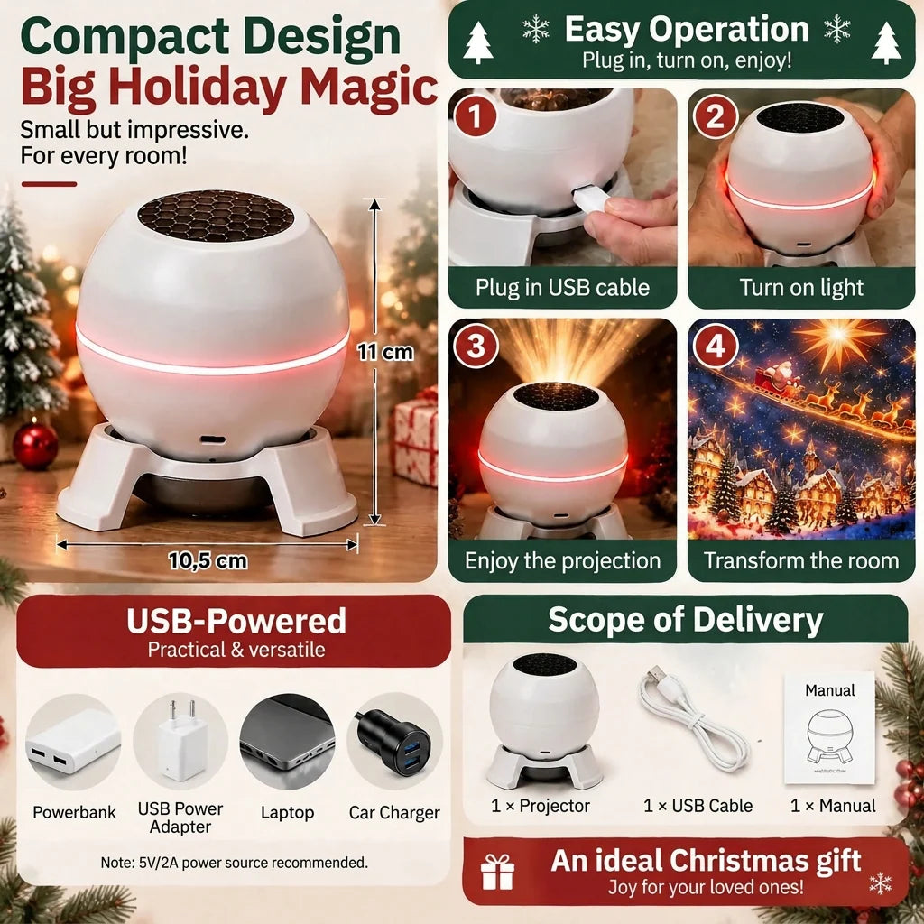 Christmas Projector Moving Holiday Patterns USB Powered Indoor Use
