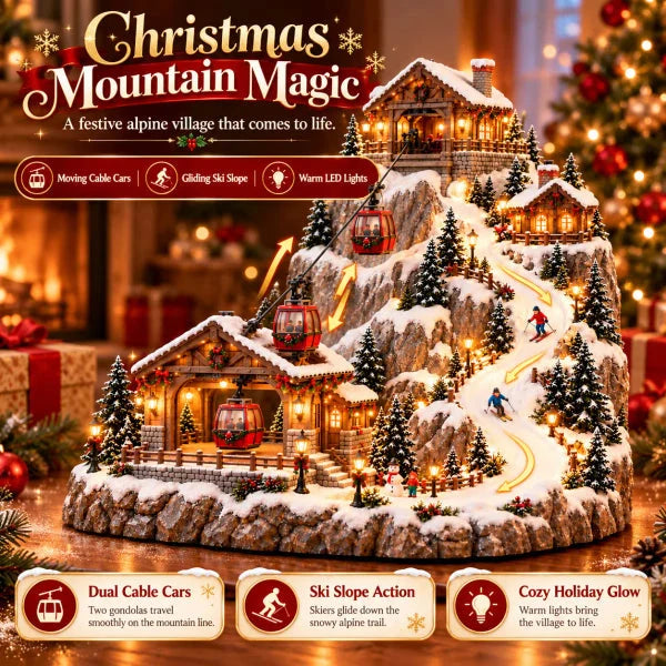 Christmas Village Decoration Animated Cable Cars & Skiers Illuminated