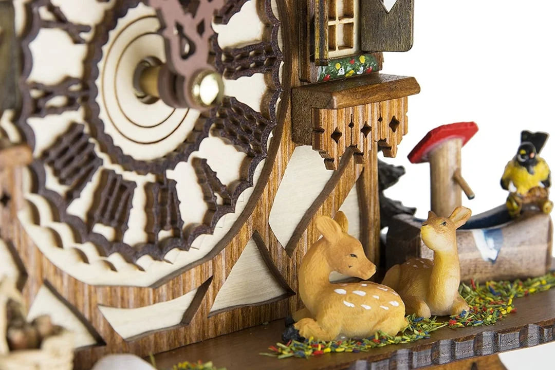 Cuckoo Clock Hand-Painted Wood Chalet Design Swinging Pendulum & Music