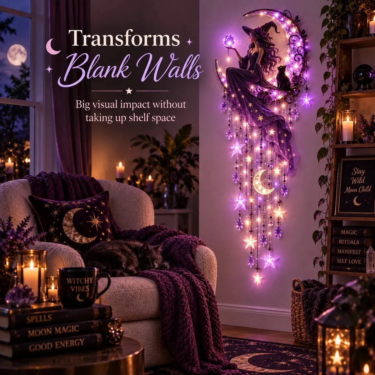Decorative Wall Light Witch Crescent Moon Purple Glow