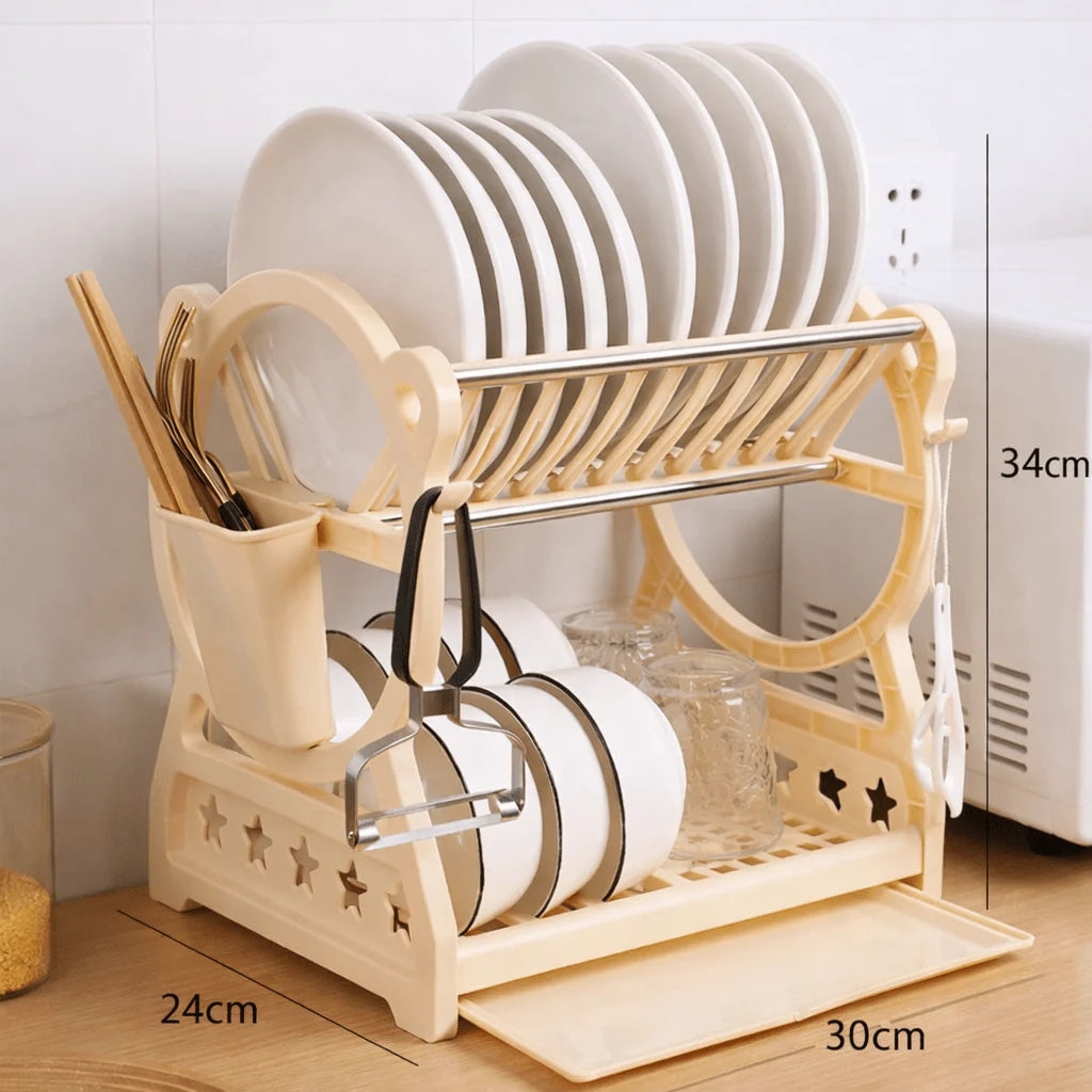Dish Drainer Two-Tier Drip Tray & Cutlery Holder