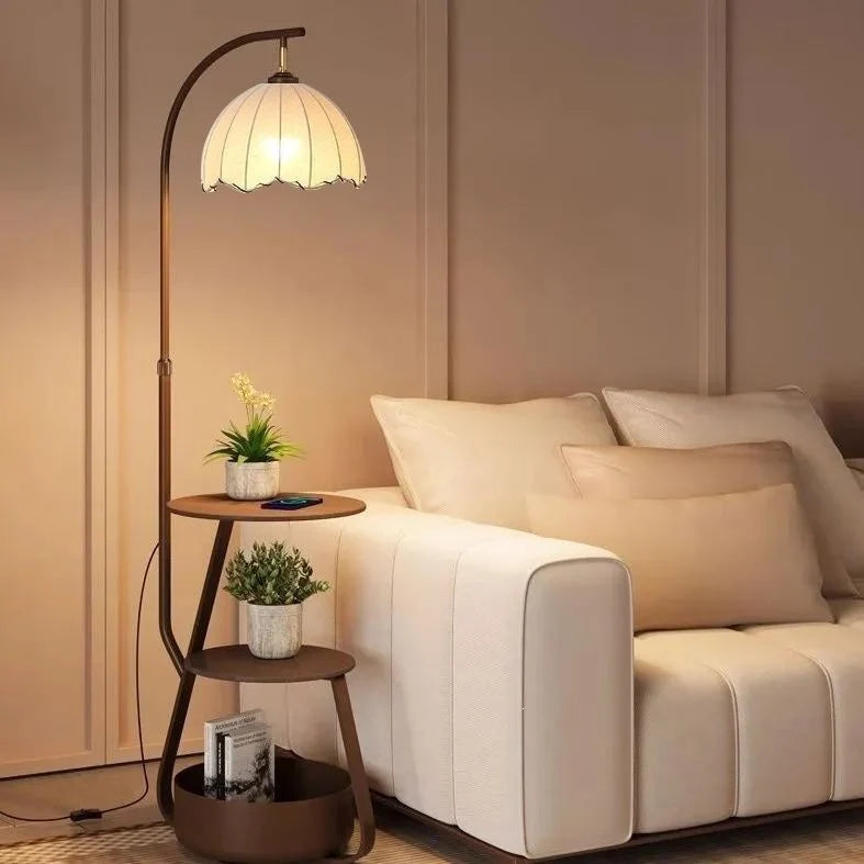 Floor Lamp Two-Tier Wooden Shelves LED Compatible
