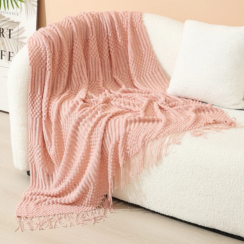 Knitted Throw Blanket Acrylic Nordic Style Fringe Trim