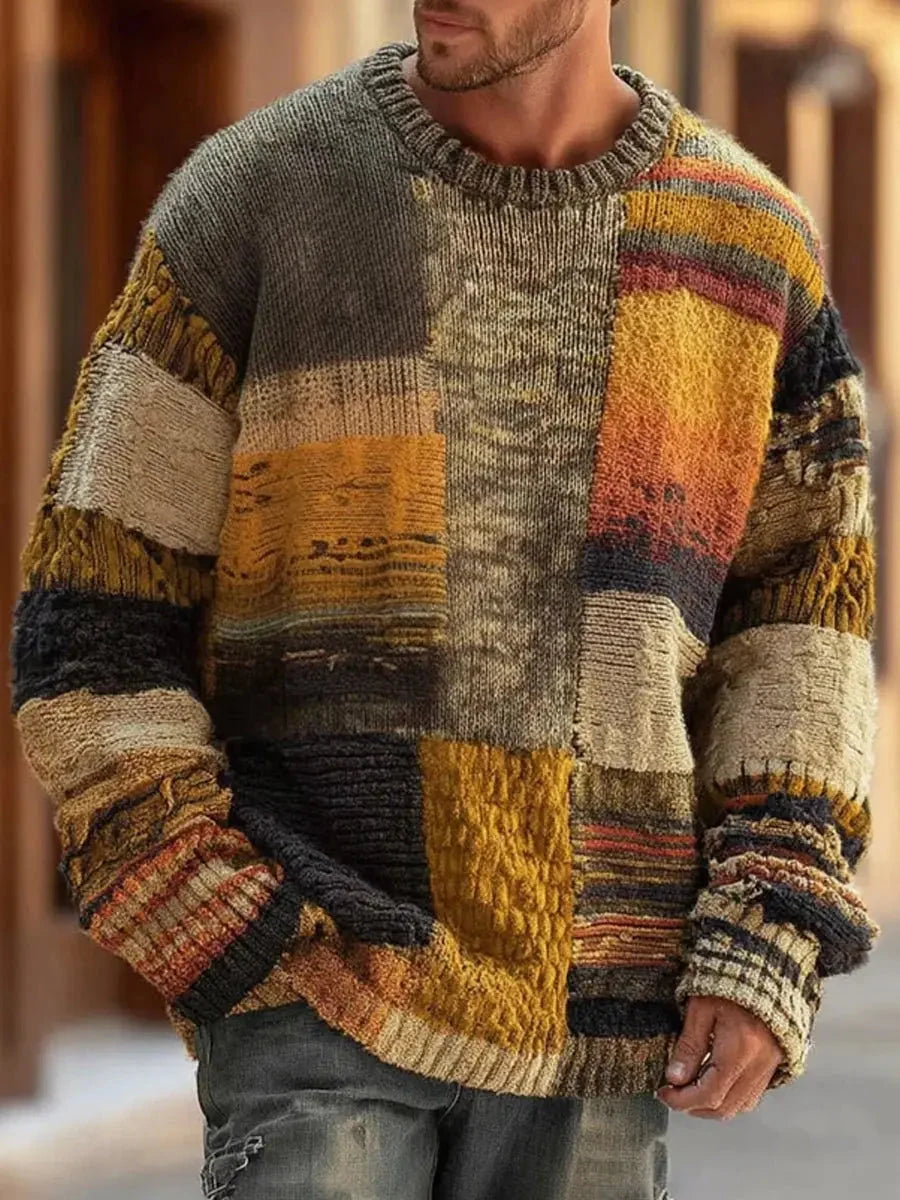 Men’s Sweater Chunky Knit Patchwork Color-Block Relaxed Fit
