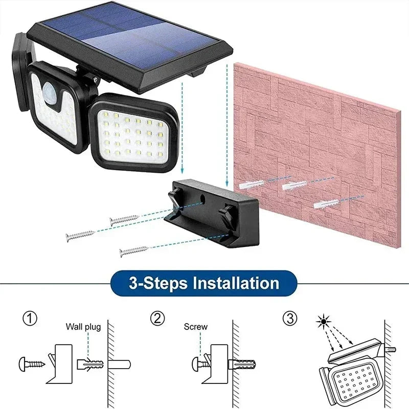 Motion Sensor Light Solar Powered 74 LED 270° Coverage