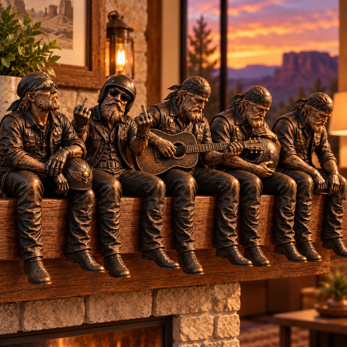 Motorcycle Rider Figurine Rustic Shelf Decor Set of 5