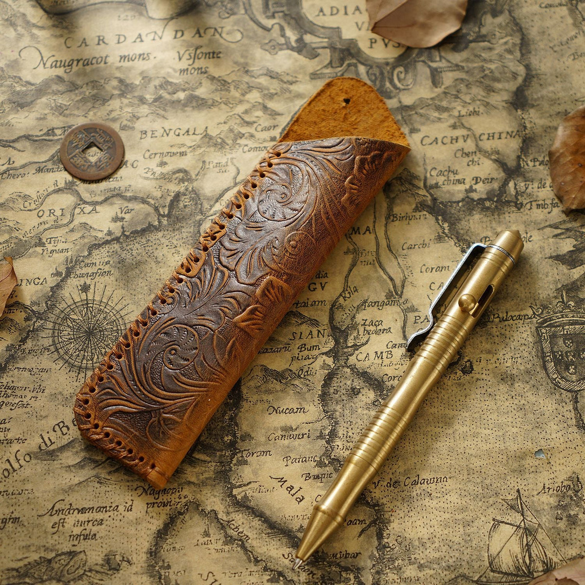 Pen Case Handmade Leather Floral Embossed Multi-Pen Storage