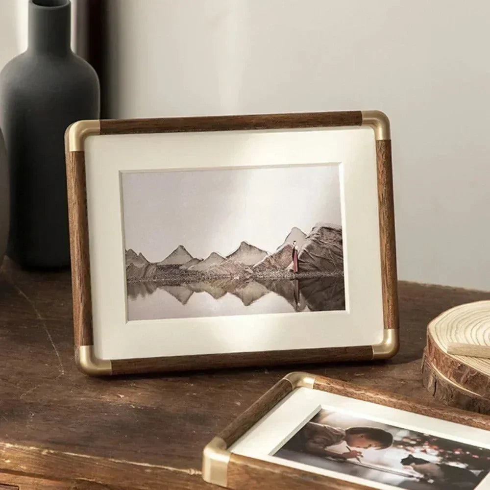 Picture Frame Solid Wood Brass-Finish Corners Freestanding Tabletop Display