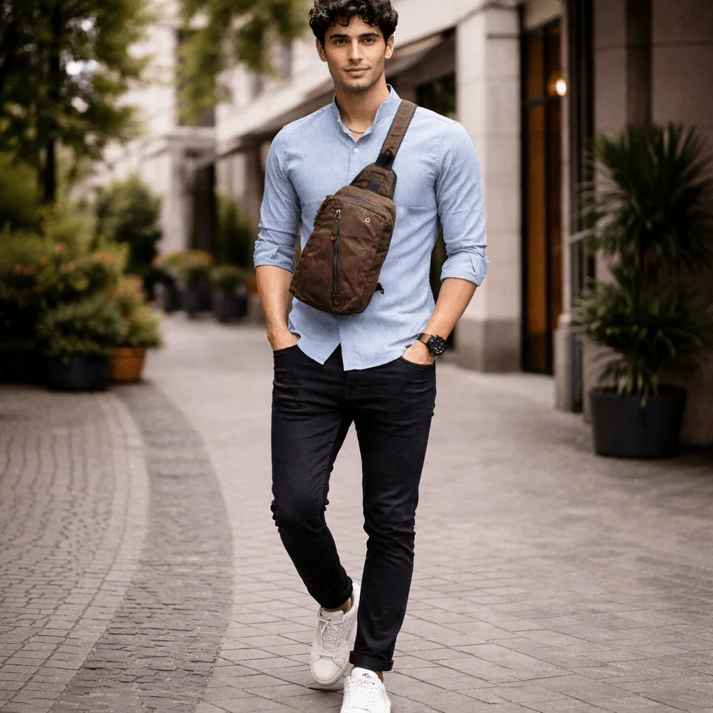 Sling Backpack Canvas Vegan Leather Trim Multiple Compartments