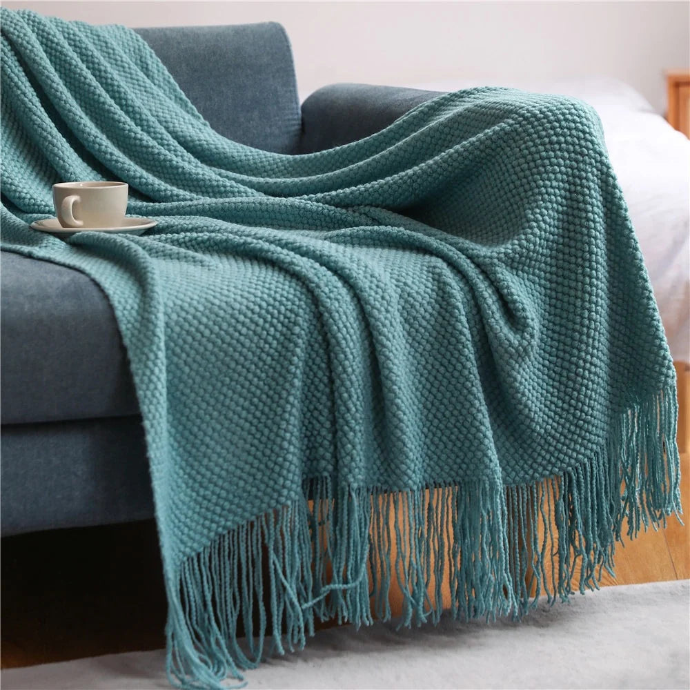 Throw Blanket Chunky Knit Soft Yarn Fringe Trim Machine Washable
