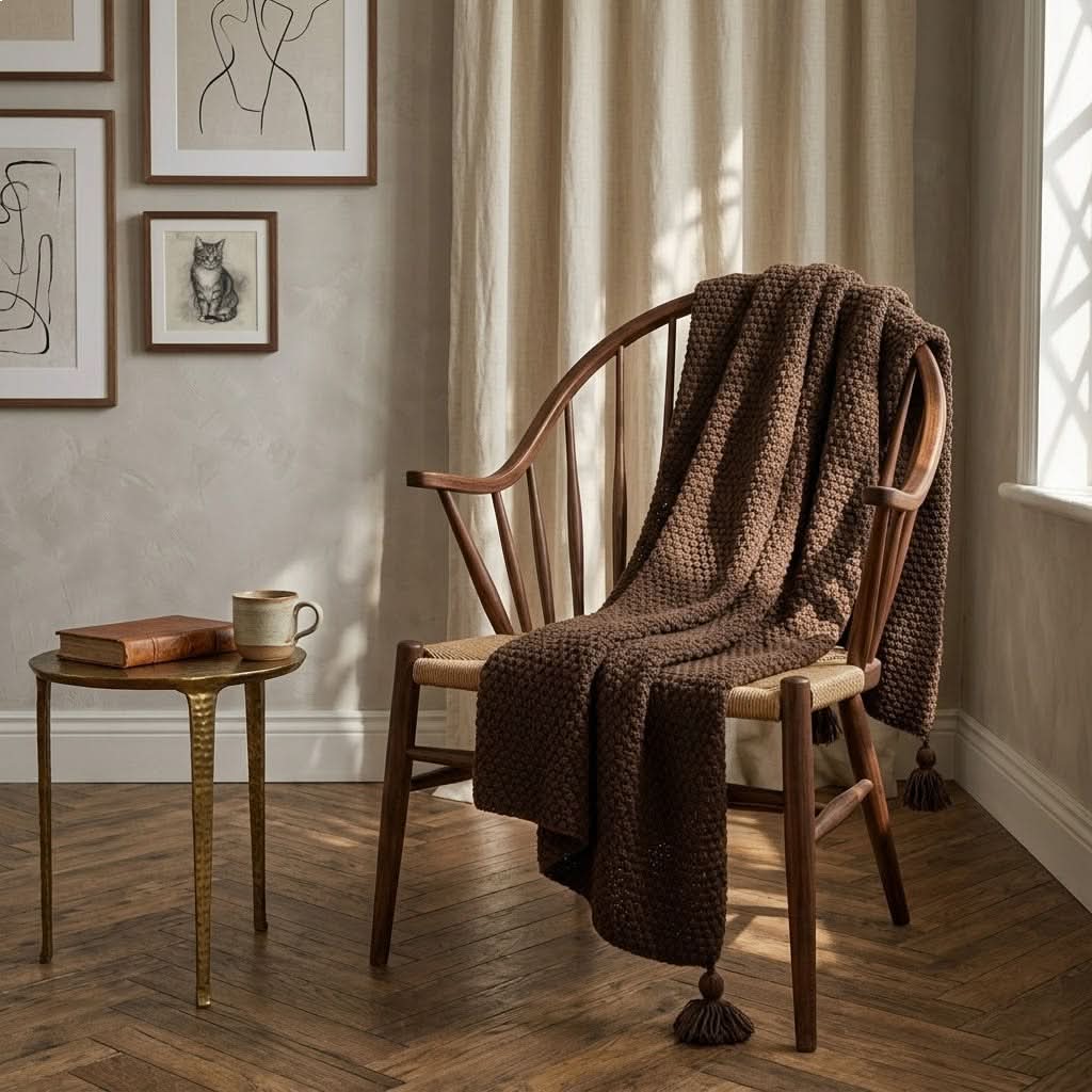 Throw Blanket Chunky Knit Tassel Trim Scandinavian Style