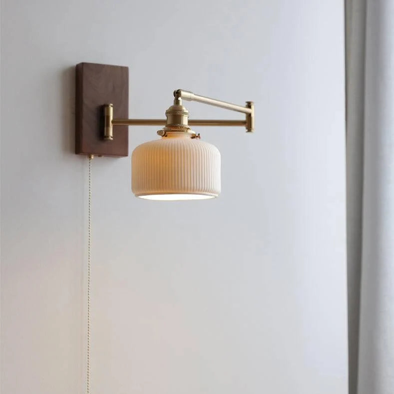 Wall Light Adjustable Swivel Arm Ribbed Ceramic Shade Wood Backplate