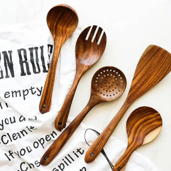 Wooden Utensil Set Solid Teak Nonstick-Safe Set of 6