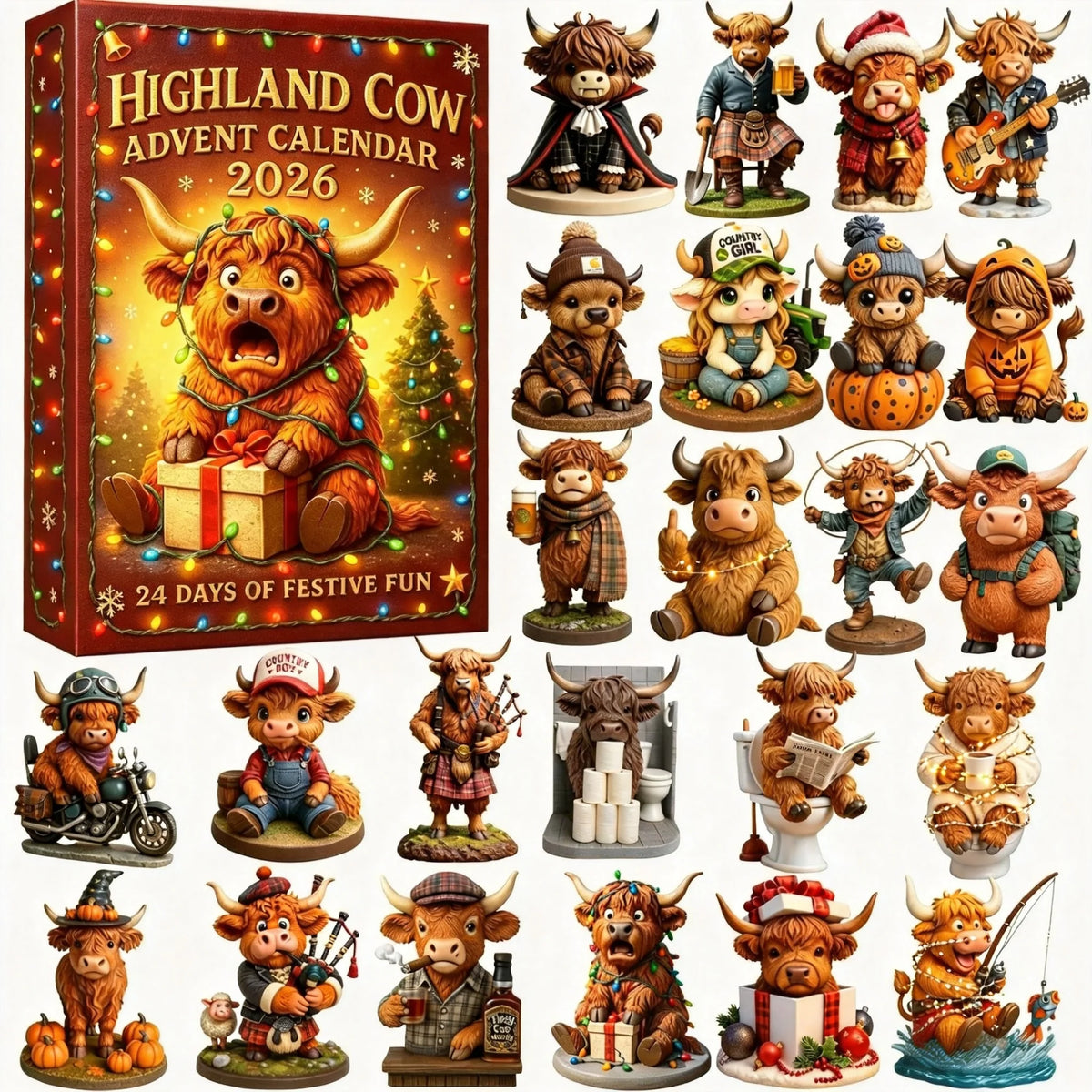 Advent Calendar Highland Cow 24 Figurines Festive Designs