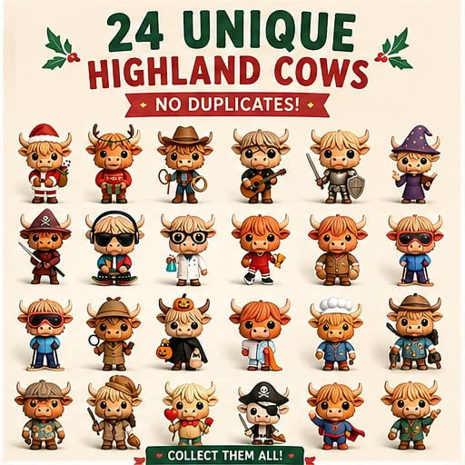 Advent Calendar Highland Cow 24 Figurines Festive Designs