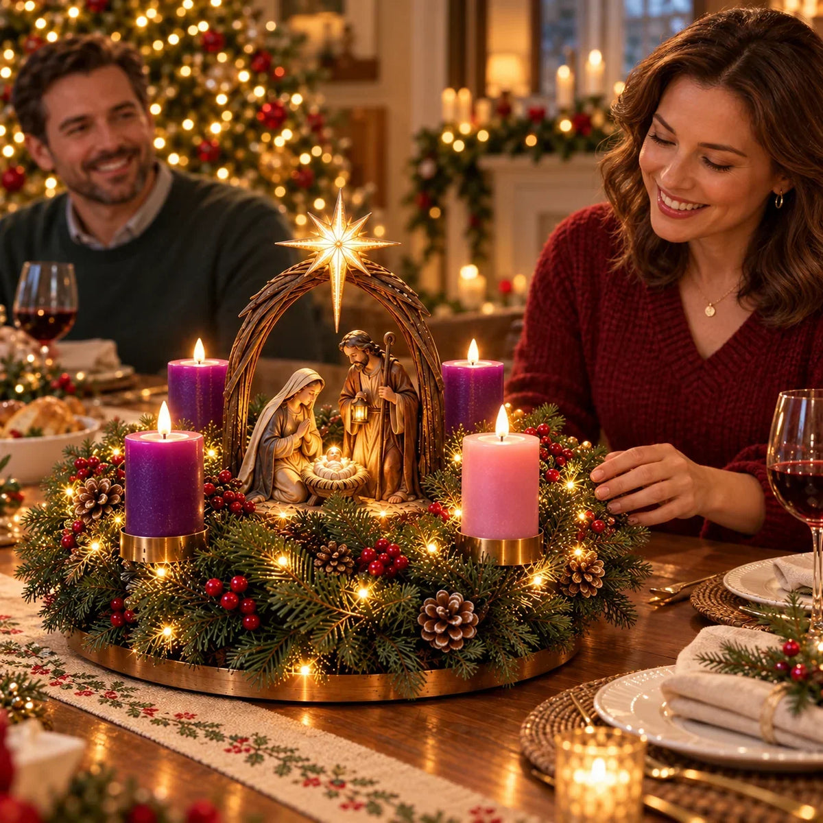 Advent Wreath Nativity Scene Flameless Candles Four Lights