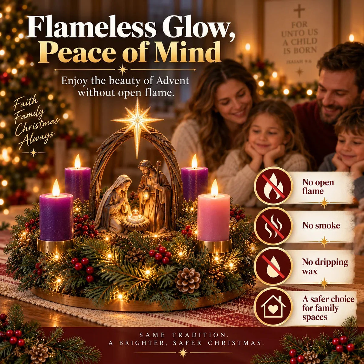 Advent Wreath Nativity Scene Flameless Candles Four Lights