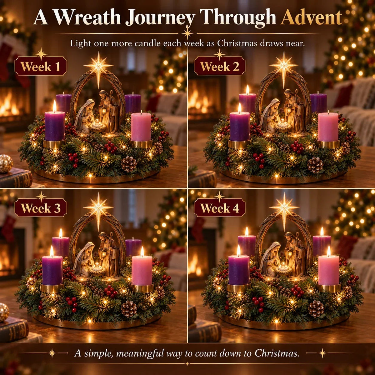 Advent Wreath Nativity Scene Flameless Candles Four Lights