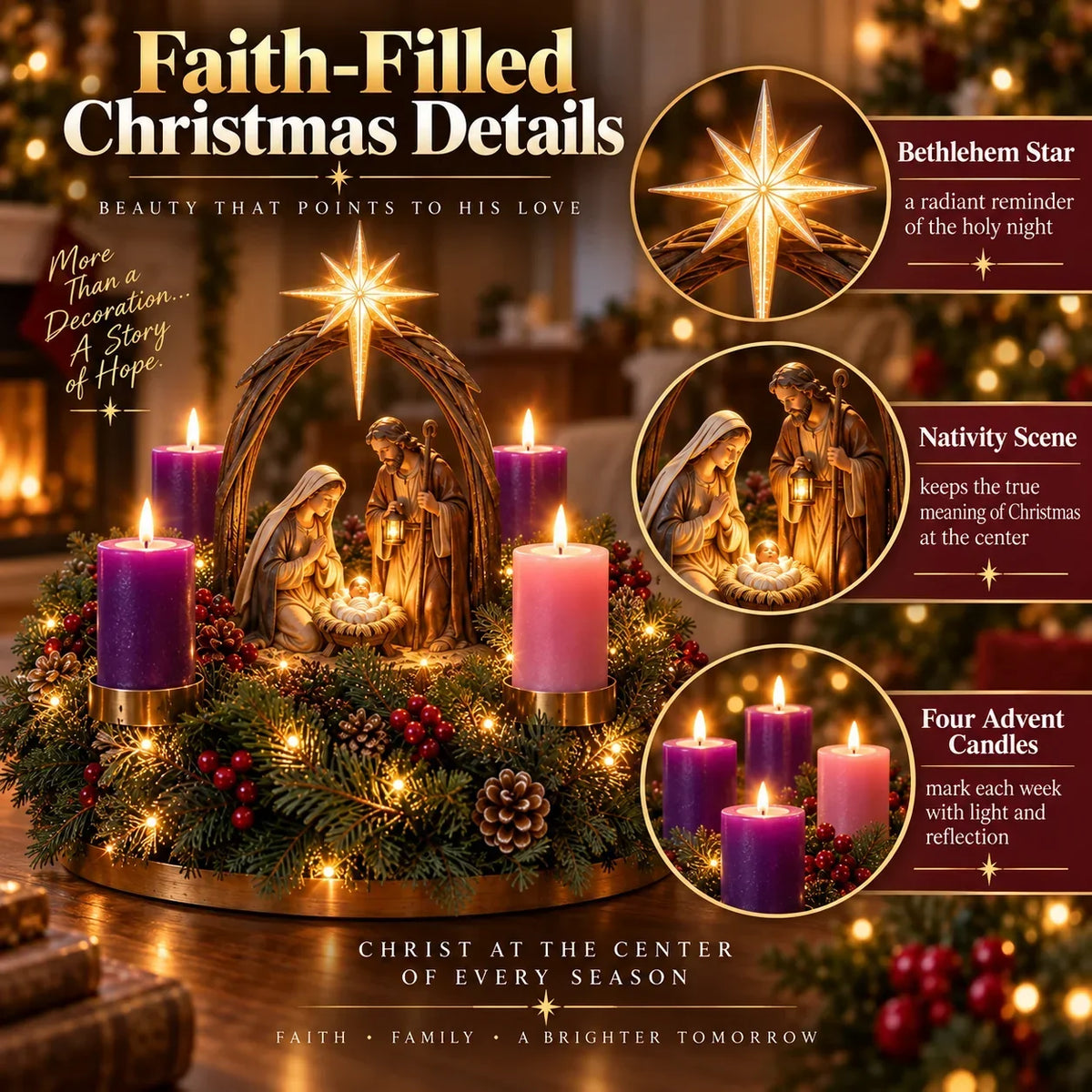 Advent Wreath Nativity Scene Flameless Candles Four Lights