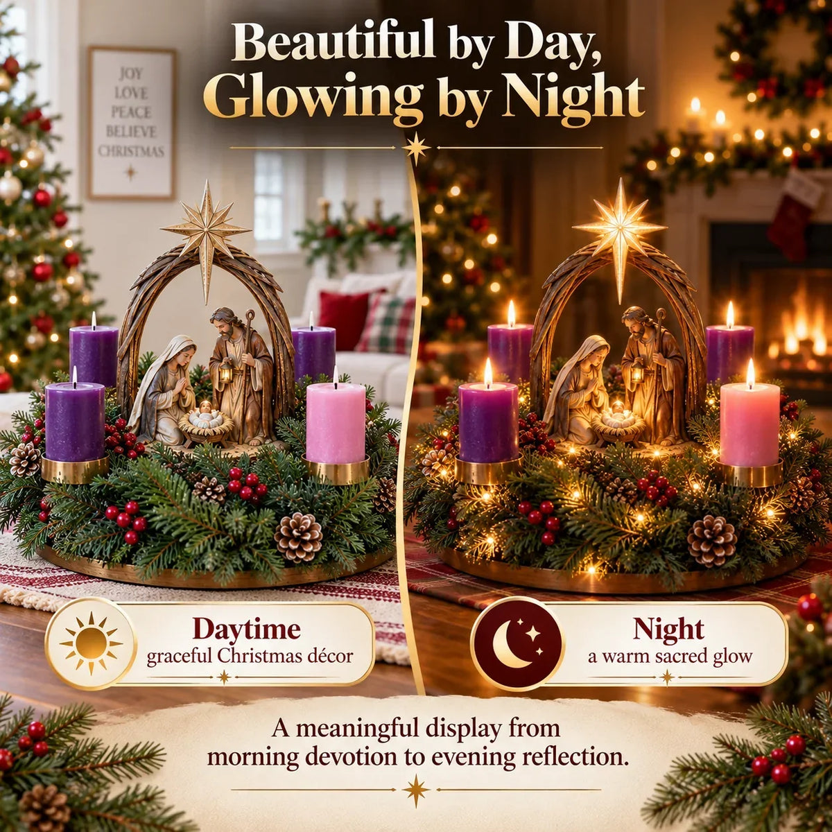 Advent Wreath Nativity Scene Flameless Candles Four Lights