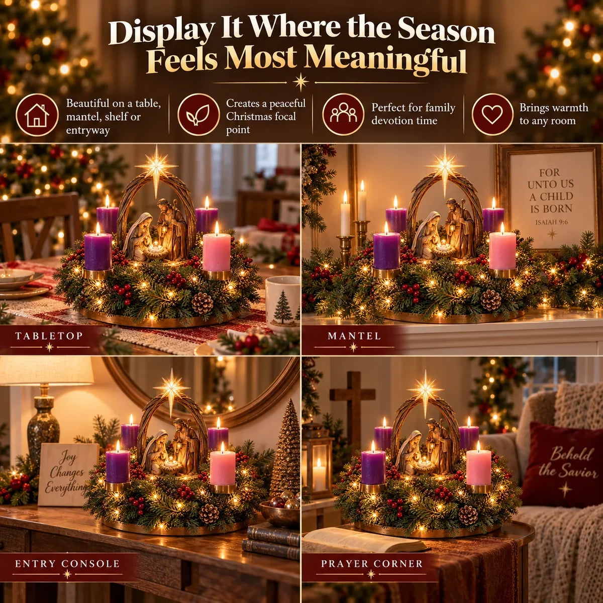 Advent Wreath Nativity Scene Flameless Candles Four Lights