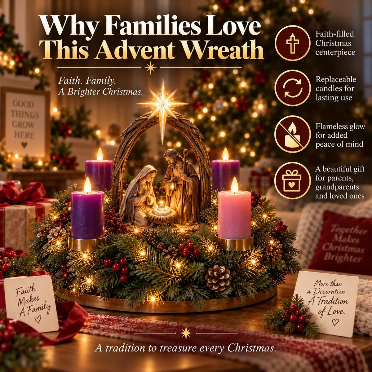 Advent Wreath Nativity Scene Flameless Candles Four Lights