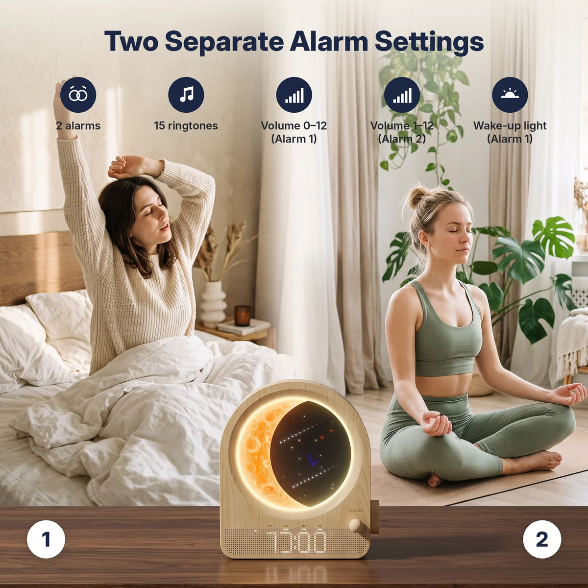 Alarm Clock Sunrise Light 3D Moon Lamp Dual Alarms