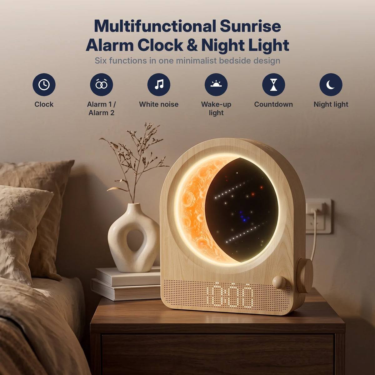 Alarm Clock Sunrise Light 3D Moon Lamp Dual Alarms