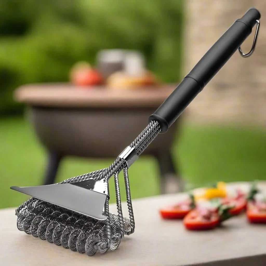 BBQ Grill Brush Bristle-Free Three-Head With Scraper