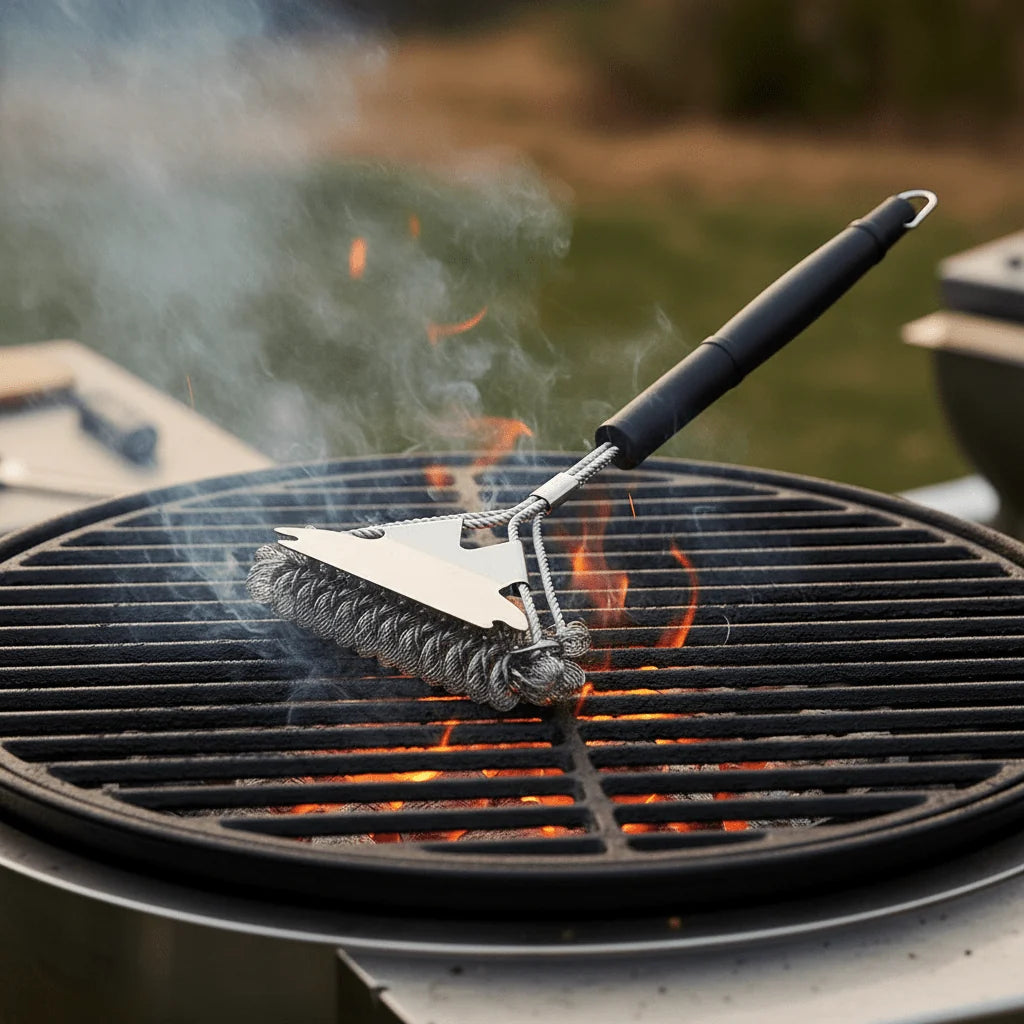 BBQ Grill Brush Bristle-Free Three-Head With Scraper