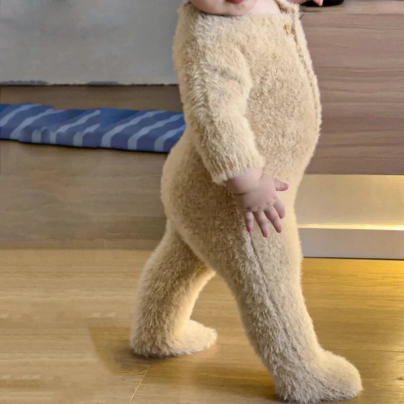 Baby Jumpsuit Plush Bear Print Full Closure for Easy Changes