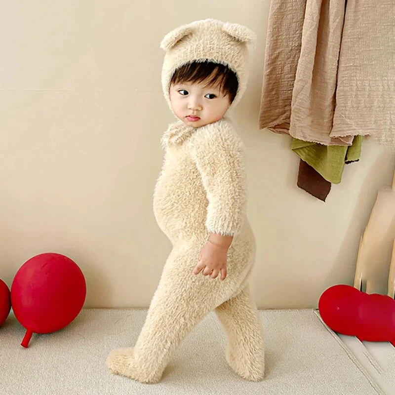 Baby Jumpsuit Plush Bear Print Full Closure for Easy Changes