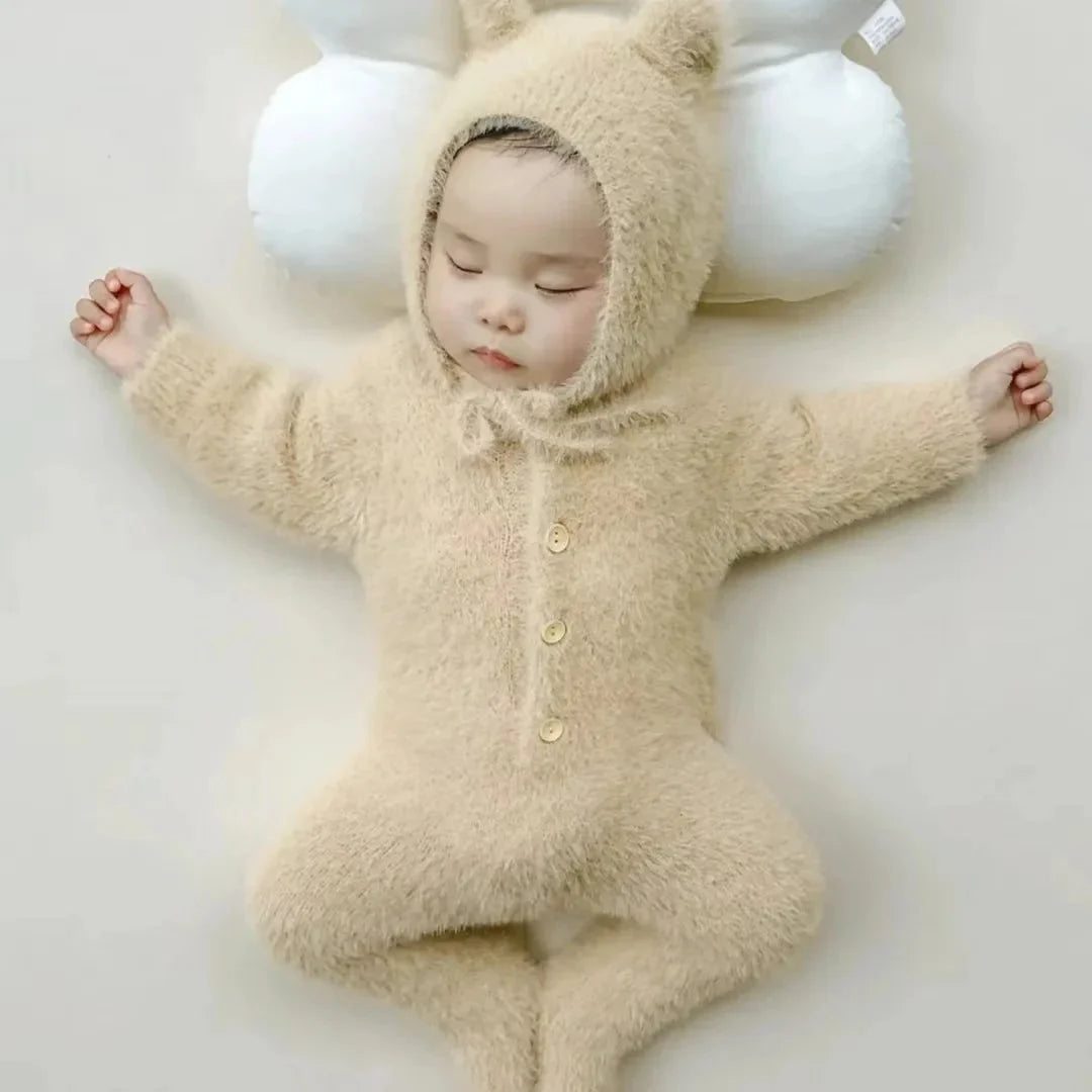Baby Jumpsuit Plush Bear Print Full Closure for Easy Changes