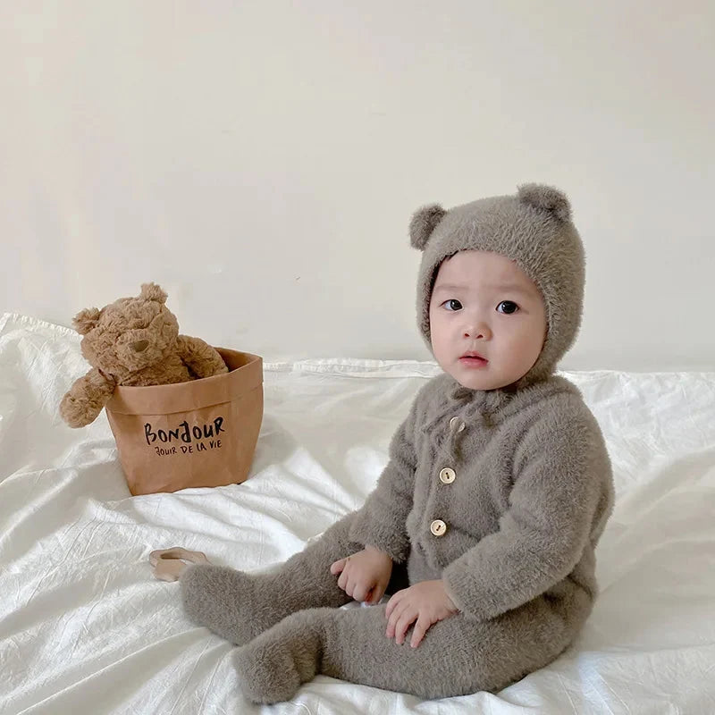 Baby Jumpsuit Plush Bear Print Full Closure for Easy Changes