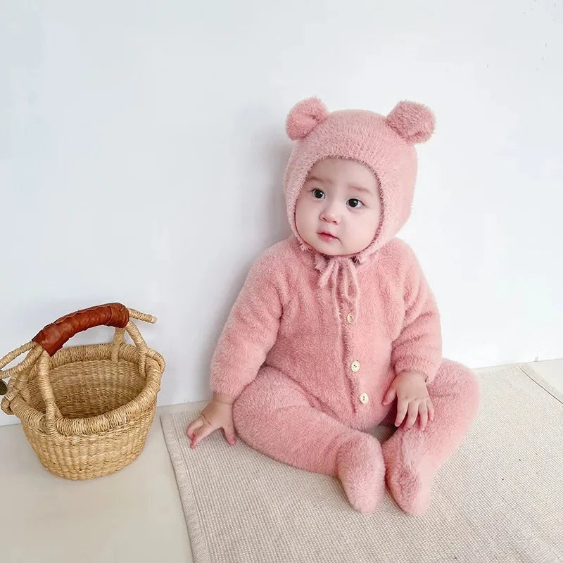 Baby Jumpsuit Plush Bear Print Full Closure for Easy Changes