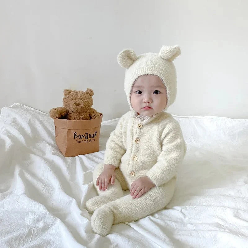 Baby Jumpsuit Plush Bear Print Full Closure for Easy Changes