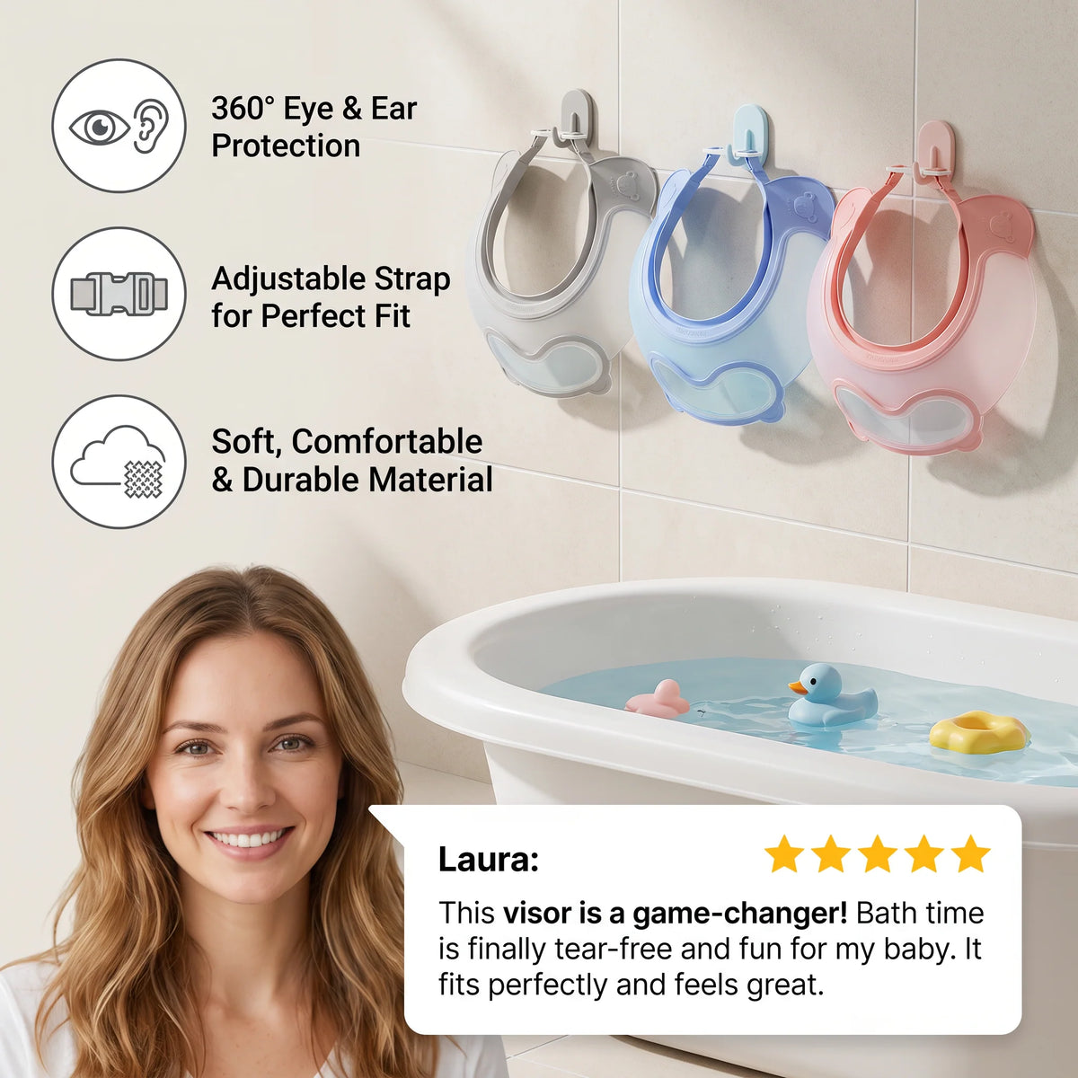 Baby Shampoo Rinse Visor Adjustable Fit 360° Eye & Ear Coverage
