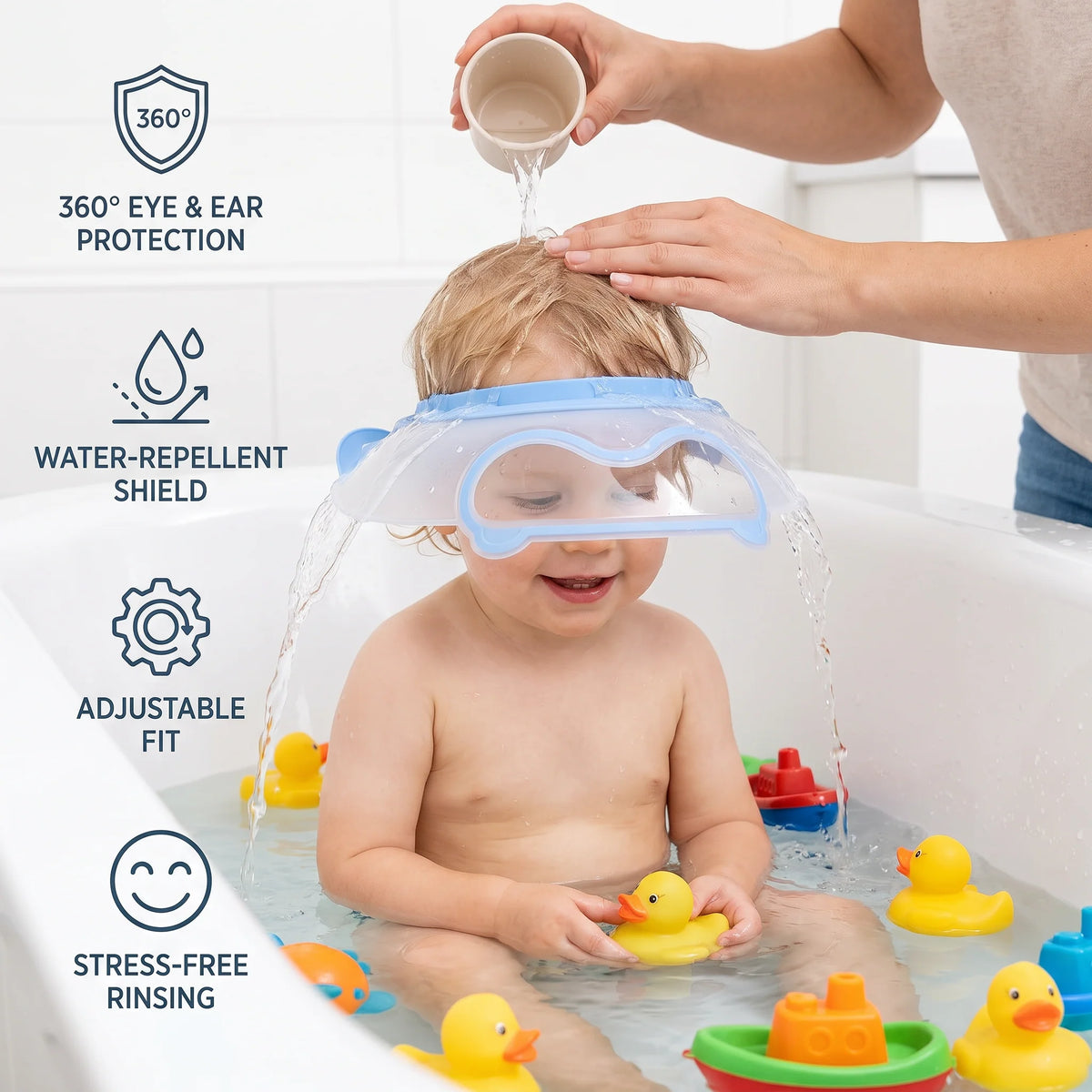 Baby Shampoo Rinse Visor Adjustable Fit 360° Eye & Ear Coverage