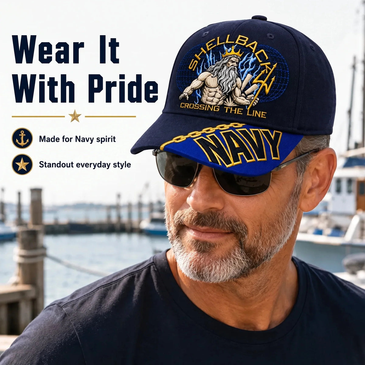 Baseball Cap Navy Blue Adjustable Gold Chain Brim