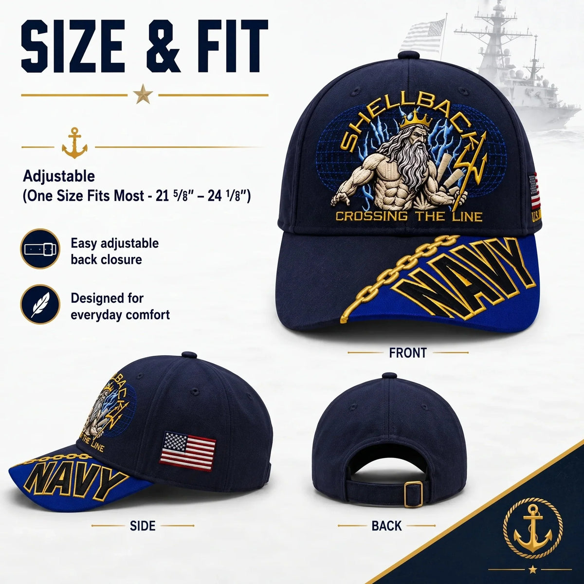 Baseball Cap Navy Blue Adjustable Gold Chain Brim