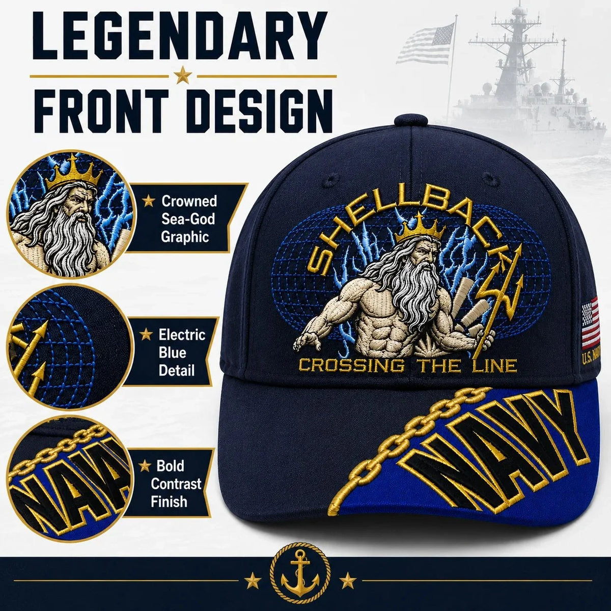 Baseball Cap Navy Blue Adjustable Gold Chain Brim