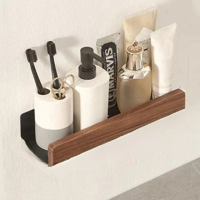 Bathroom Wall Shelf Solid Wood Self-Adhesive No-Drill Mounting